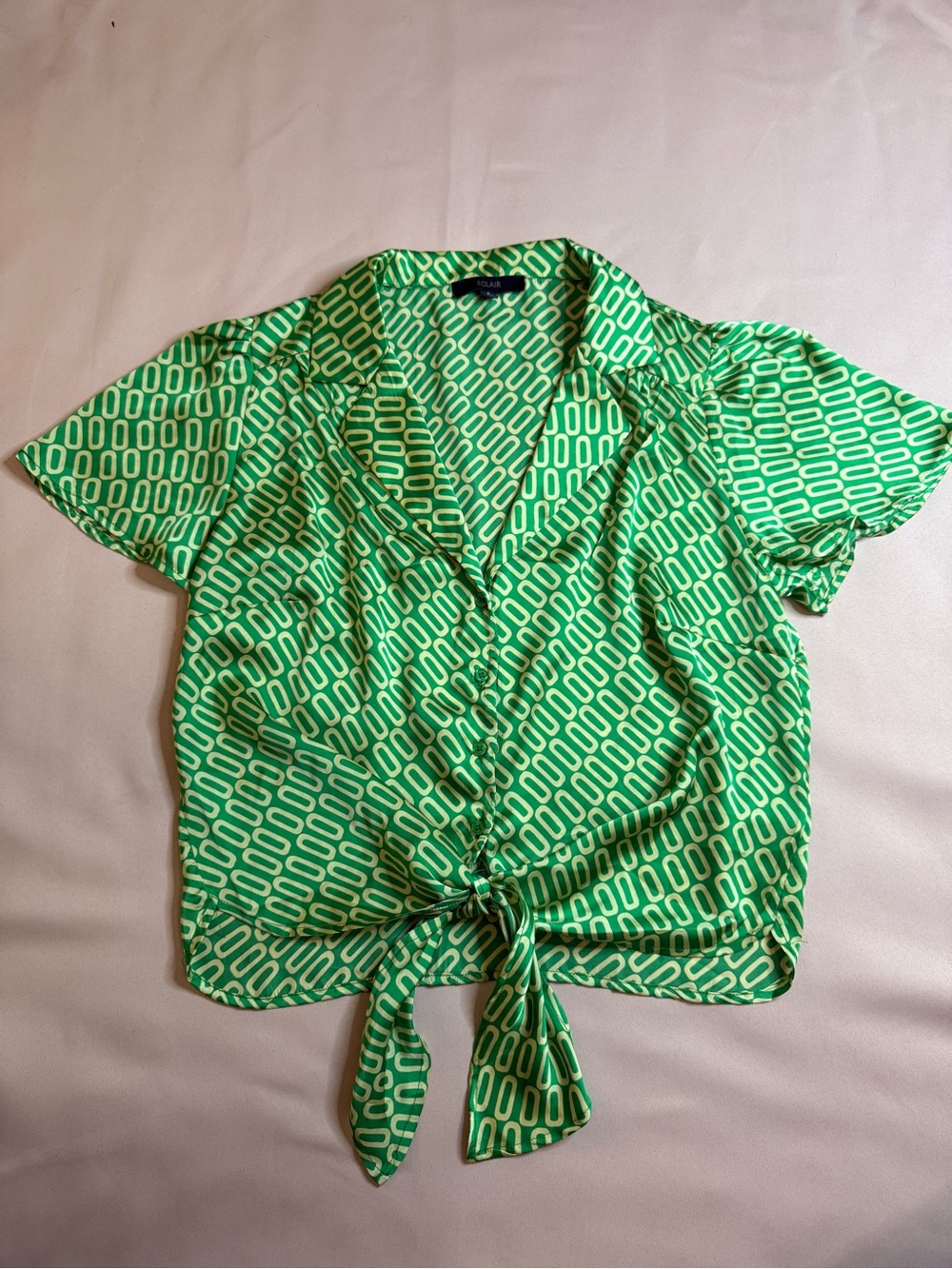 Eclair - Tie-Front Geometric Print Blouse Green & Cream - Size S